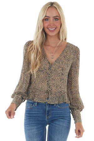 Taupe Leopard Print Button Up Peplum Blouse
