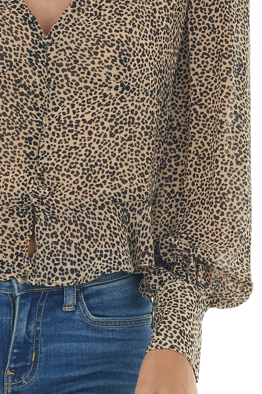 Taupe Leopard Print Button Up Peplum Blouse