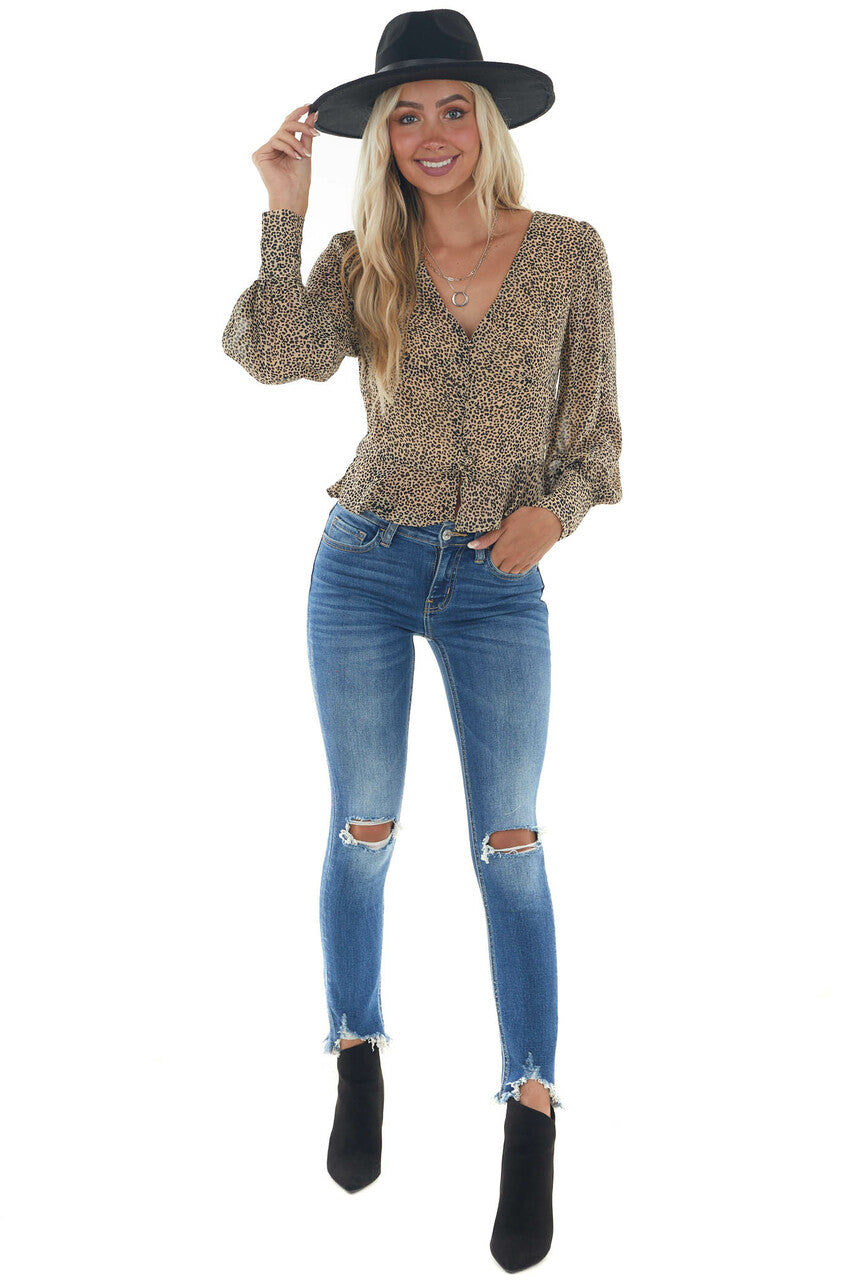Taupe Leopard Print Button Up Peplum Blouse
