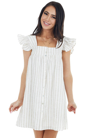 Oatmeal and Ivory Stripe Print Mini Dress with Ruffle Straps