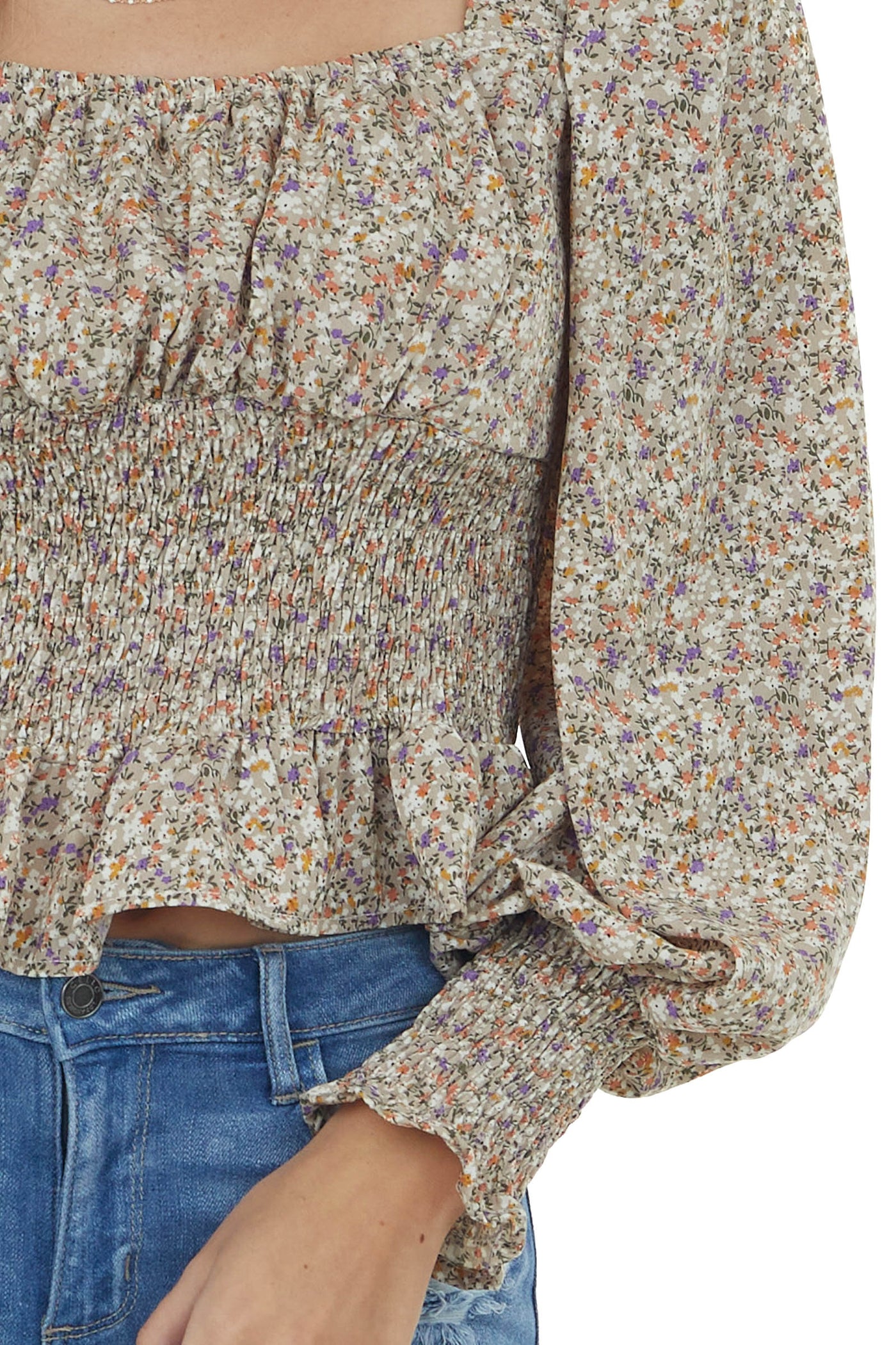 Oatmeal Ditsy Floral Puff Sleeve Peplum Blouse