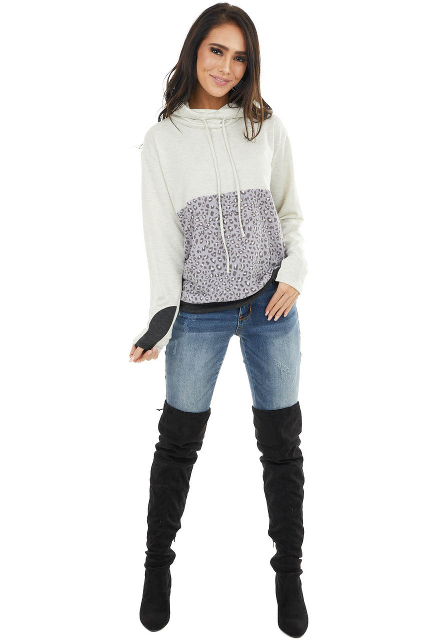 Oatmeal Knit Cowl Neck Sweatshirt with Slate Leopard Print