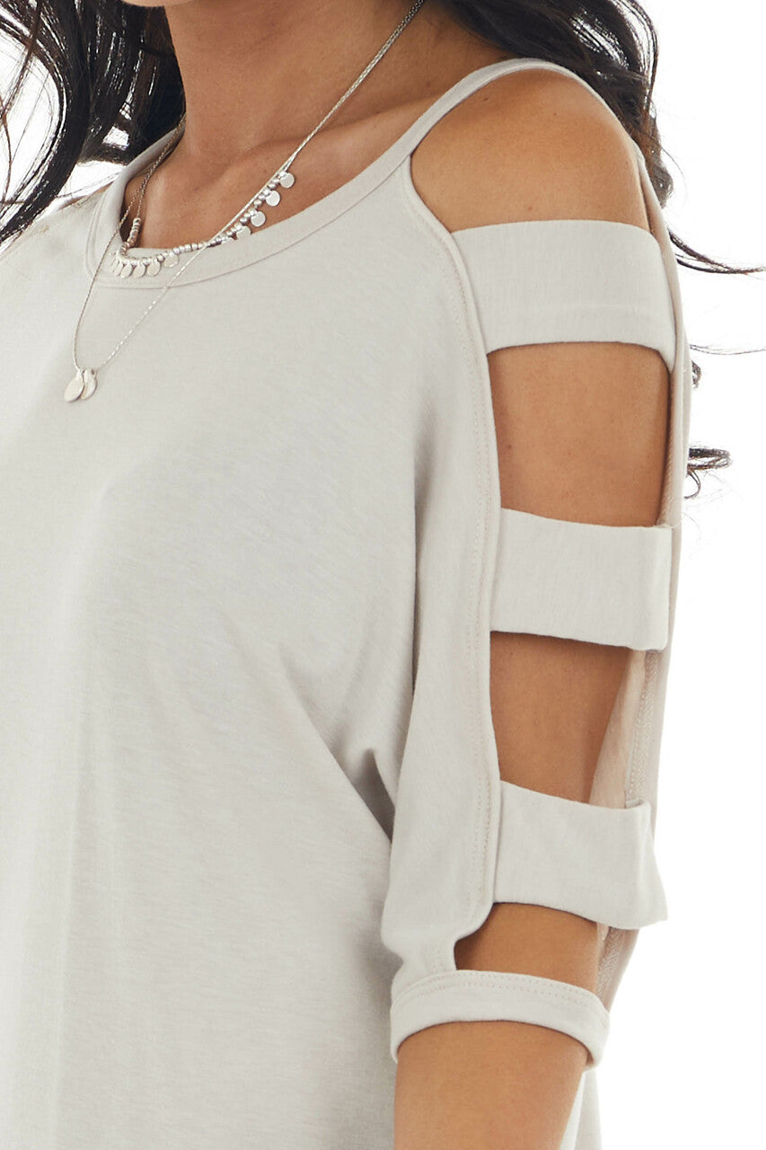 Oatmeal Knit Top with Ladder Cut Out Half Length Sleeves