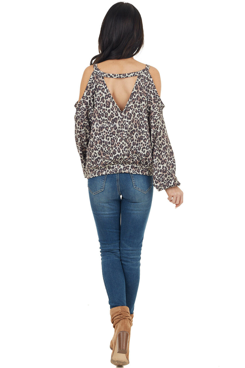 Oatmeal Leopard Print Long Sleeve Top with Cold Shoulders