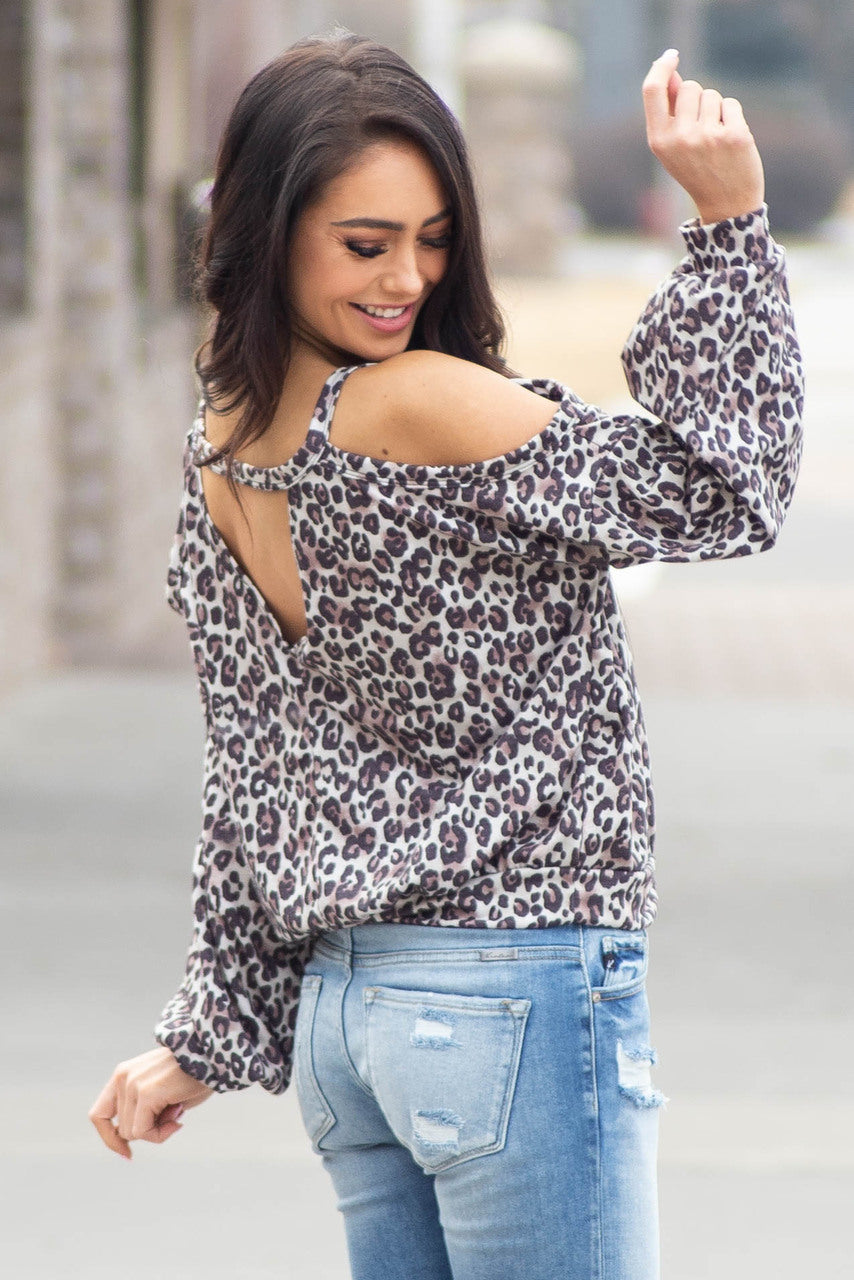 Oatmeal Leopard Print Long Sleeve Top with Cold Shoulders