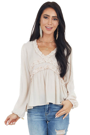 Oatmeal Long Puff Sleeve Babydoll Top with Ruffle Detail