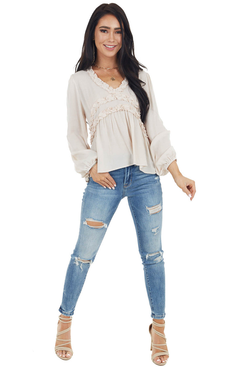 Oatmeal Long Puff Sleeve Babydoll Top with Ruffle Detail
