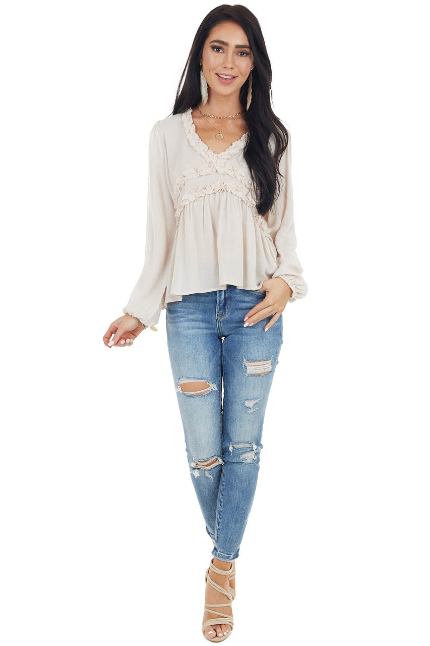 Oatmeal Long Puff Sleeve Babydoll Top with Ruffle Detail
