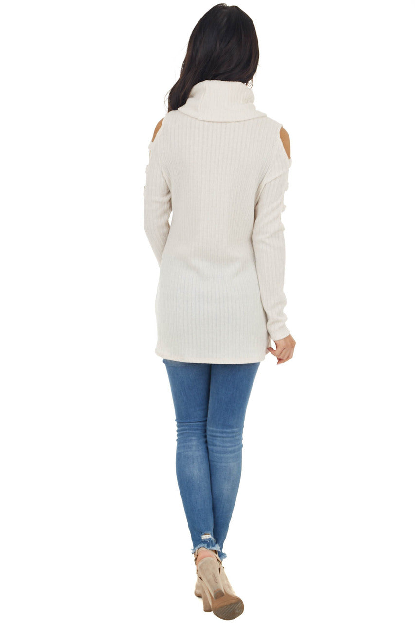 Oatmeal Ribbed Knit Long Ladder Sleeve Cowl Neck Top