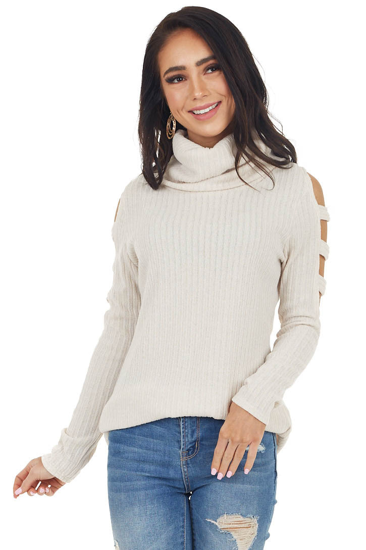 Oatmeal Ribbed Knit Long Ladder Sleeve Cowl Neck Top