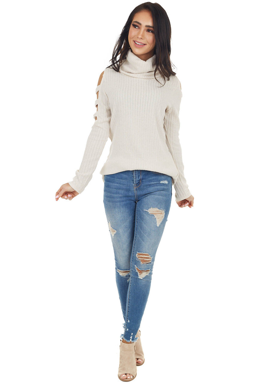 Oatmeal Ribbed Knit Long Ladder Sleeve Cowl Neck Top
