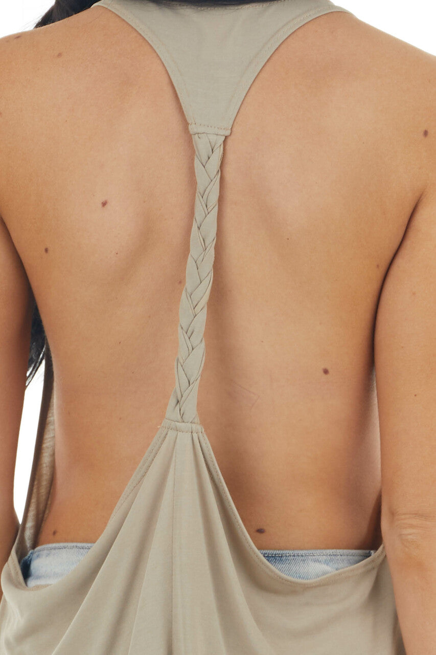 Oatmeal Sleeveless Tank Top with Braided Racerback Detail 