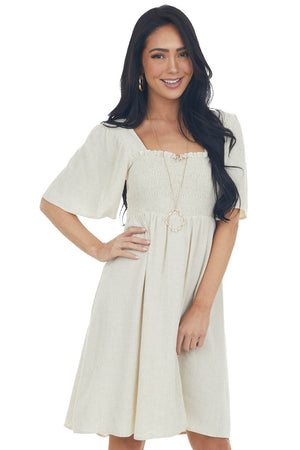 Oatmeal Smocked Flutter Sleeve Linen Dress