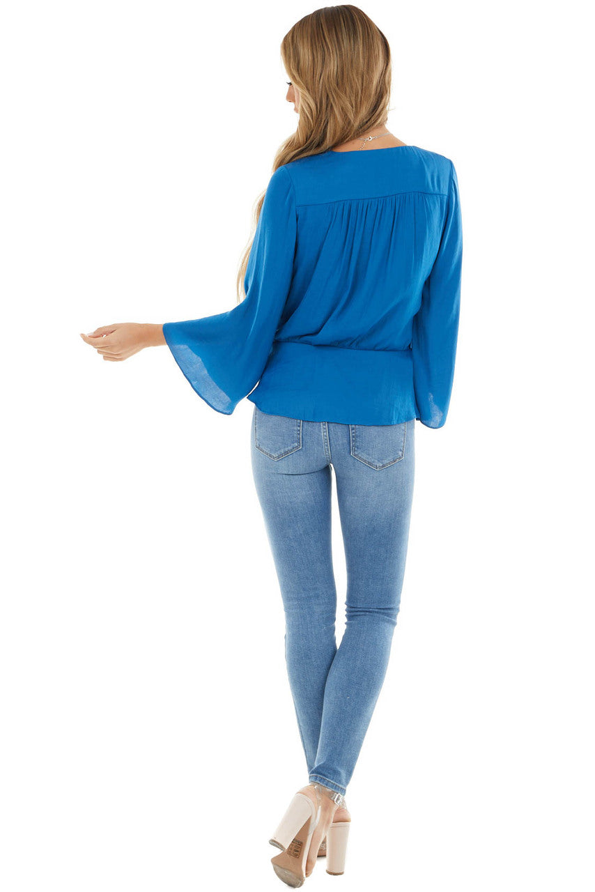 Ocean Blue Button Up Peplum Top with 3/4 Flutter Sleeves