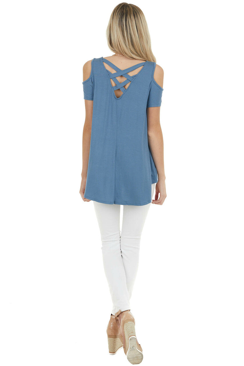 Ocean Blue Cold Shoulder Top with Criss Cross Back Detail