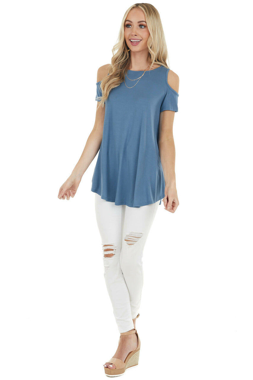 Ocean Blue Cold Shoulder Top with Criss Cross Back Detail