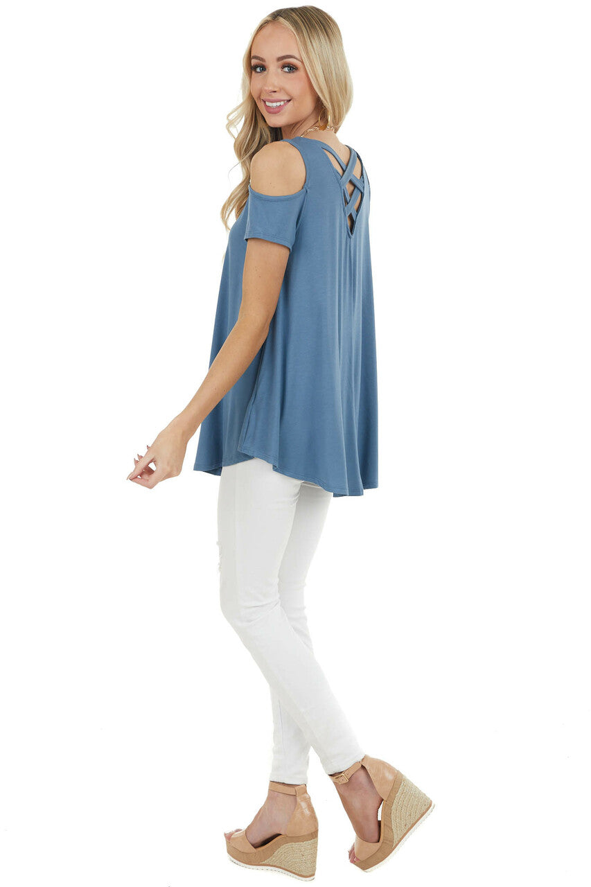 Ocean Blue Cold Shoulder Top with Criss Cross Back Detail