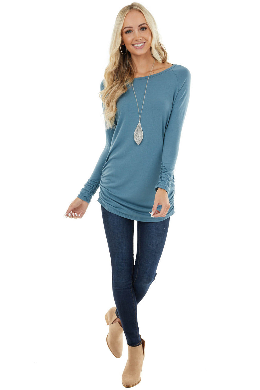 Ocean Blue Long Raglan Sleeve Top with Ruching Details 