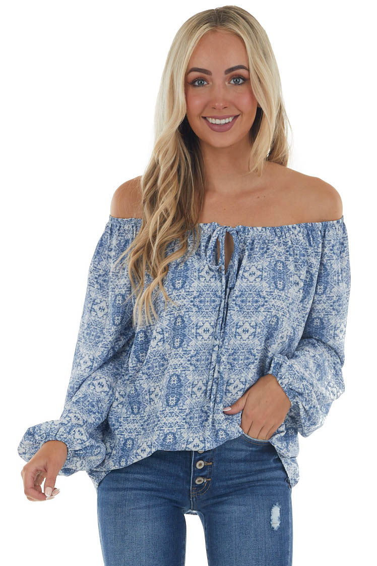 Ocean Blue Printed Off Shoulder Blouse