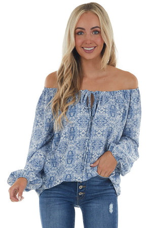 Ocean Blue Printed Off Shoulder Blouse