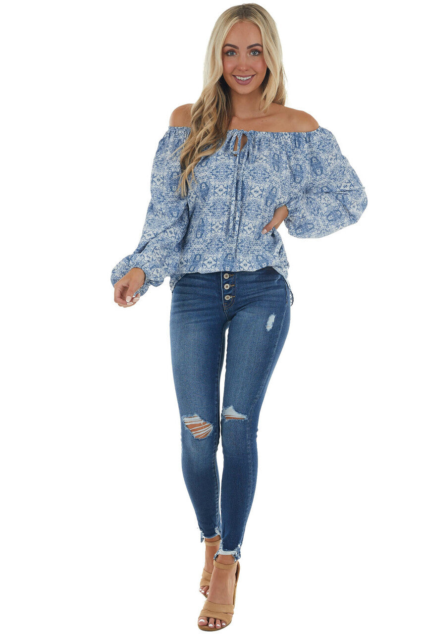 Ocean Blue Printed Off Shoulder Blouse