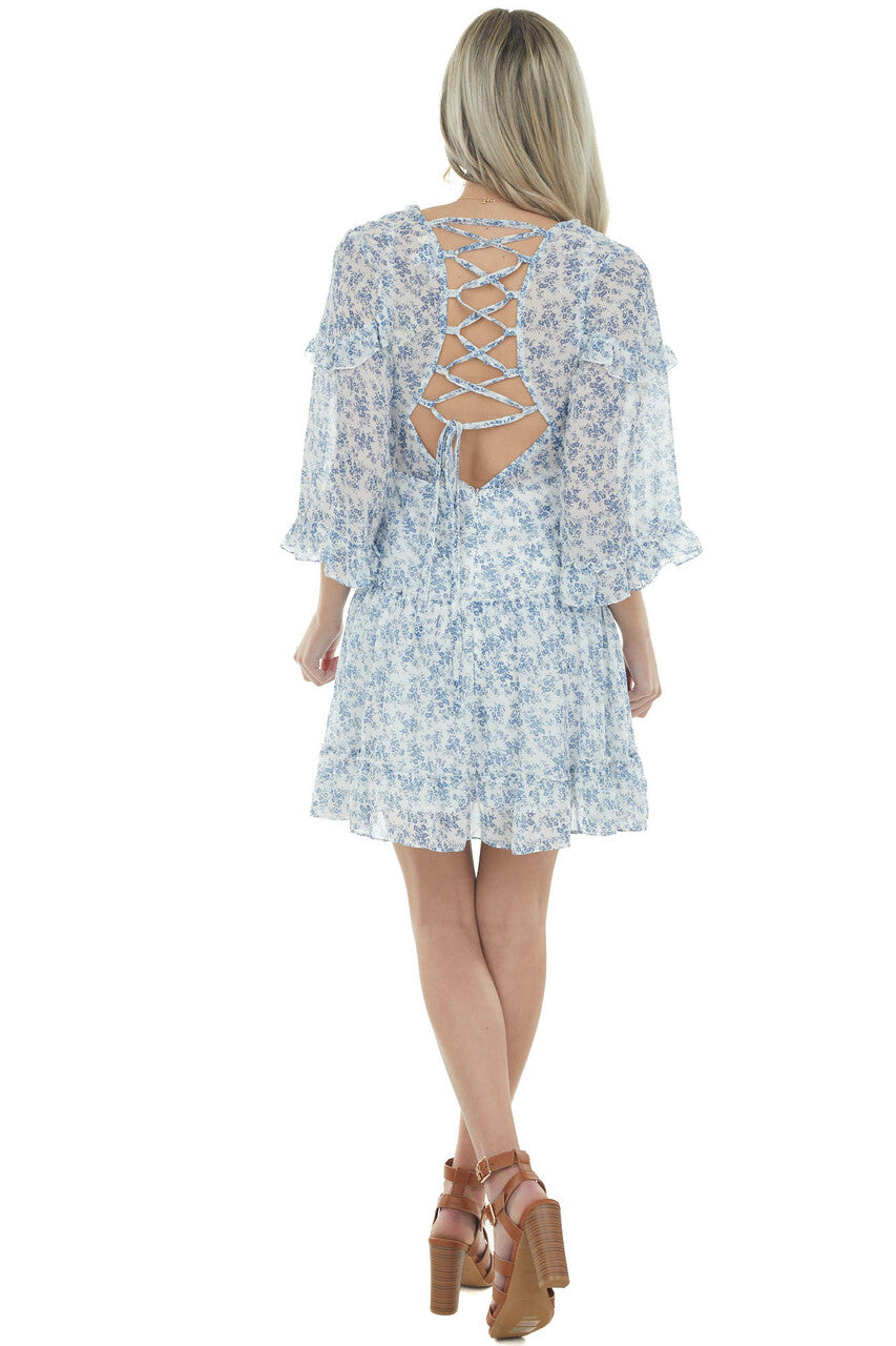 Ocean Ditsy Floral Tiered Short Dress with Open Back Detail 