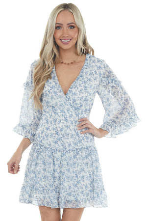 Ocean Ditsy Floral Tiered Short Dress with Open Back Detail 