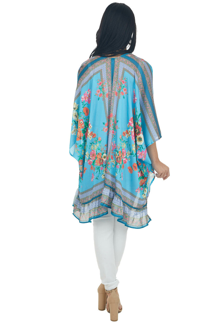 Ocean Floral Short Sleeve Open Front Kimono