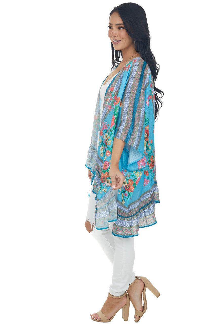 Ocean Floral Short Sleeve Open Front Kimono