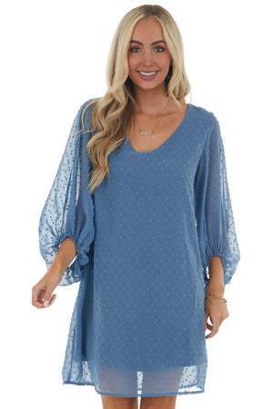 Ocean Long Bubble Sleeve Swiss Dot Short Dress