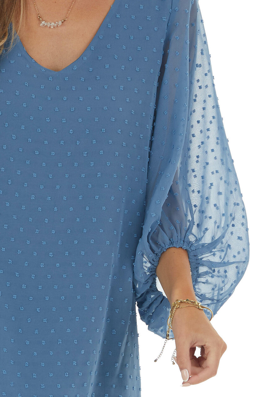 Ocean Long Bubble Sleeve Swiss Dot Short Dress