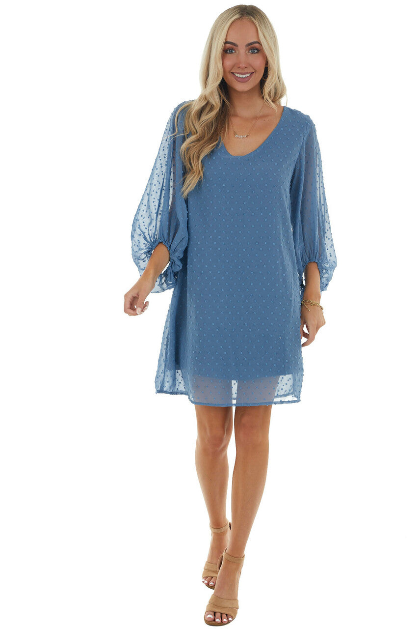 Ocean Long Bubble Sleeve Swiss Dot Short Dress