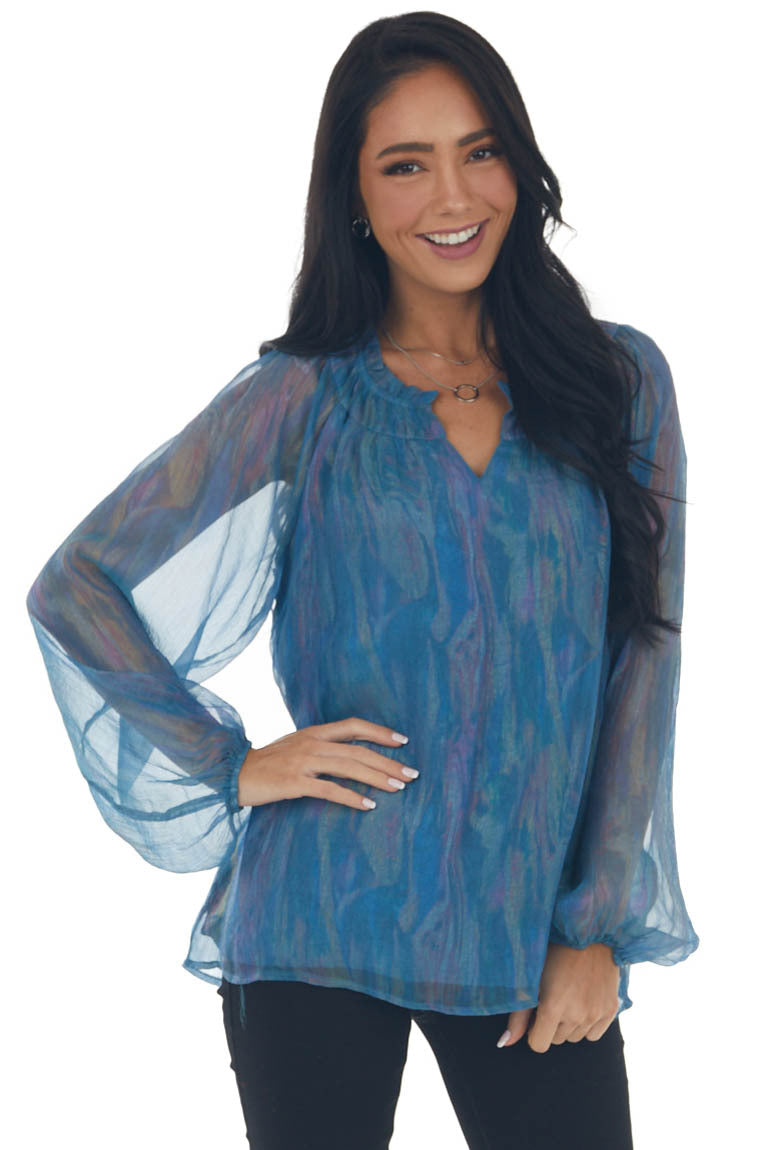 Ocean Pearlescent Sheer Long Sleeve Blouse 