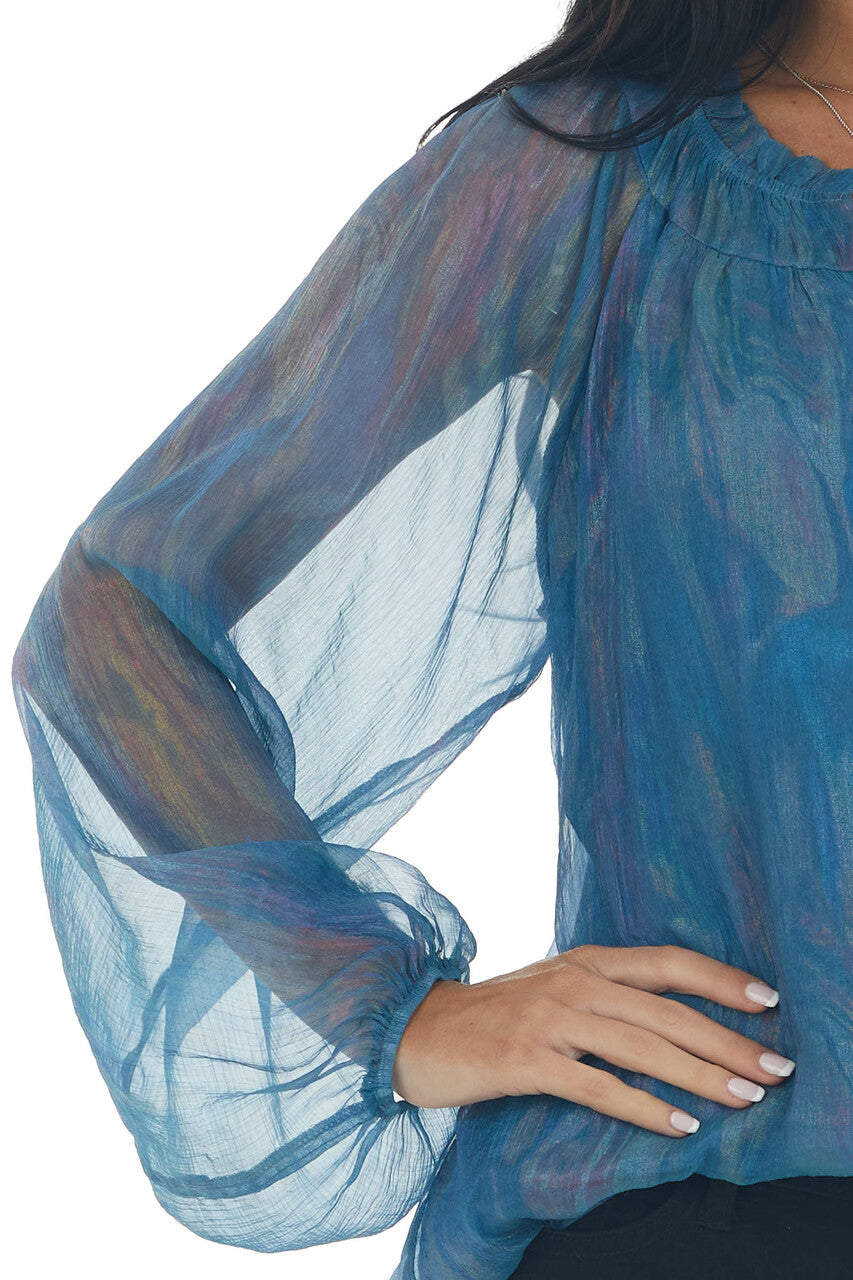 Ocean Pearlescent Sheer Long Sleeve Blouse 