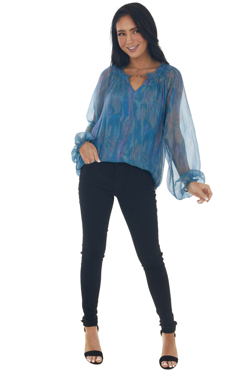 Ocean Pearlescent Sheer Long Sleeve Blouse 