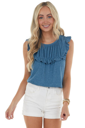 Ocean Waffle Knit Short Flutter Sleeve Babydoll Top 