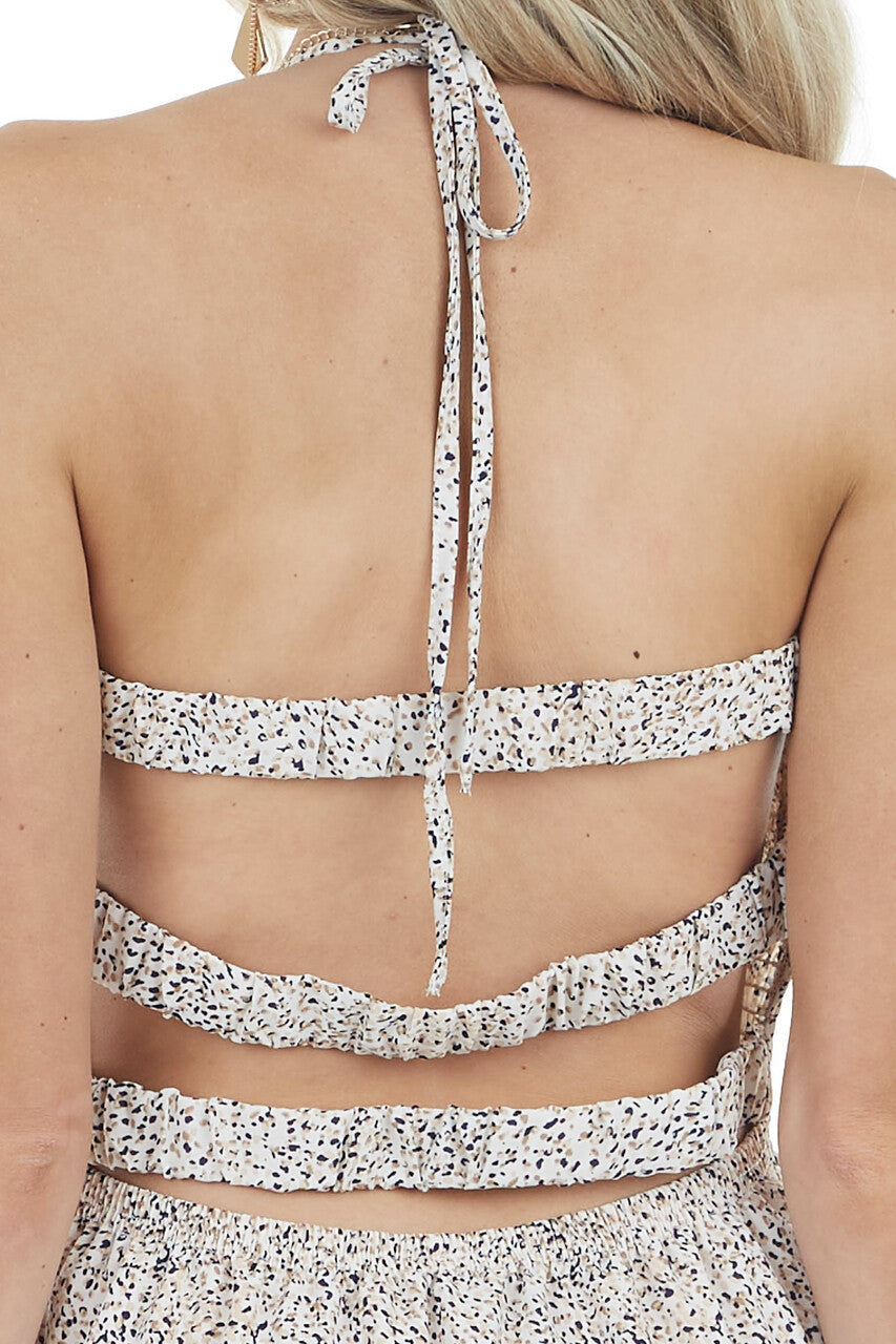 Off White Abstract Print Open Back Dress with Ruffle Detail