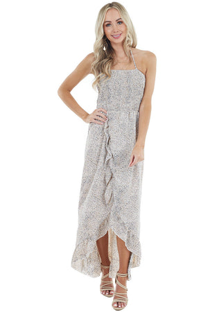 Off White Abstract Print Open Back Dress with Ruffle Detail