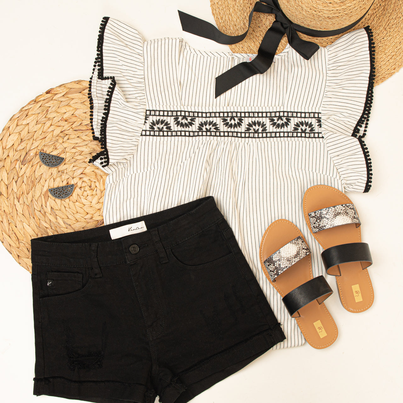 Off White and Black Striped Top with Embroidery Details 