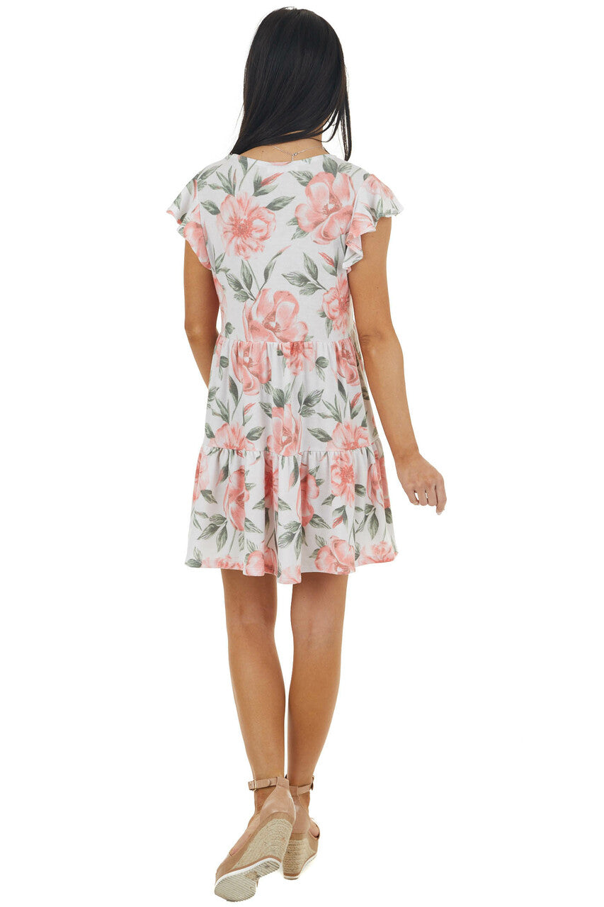 Off White and Punch Floral Print Tiered Ruffle Sleeve Dress