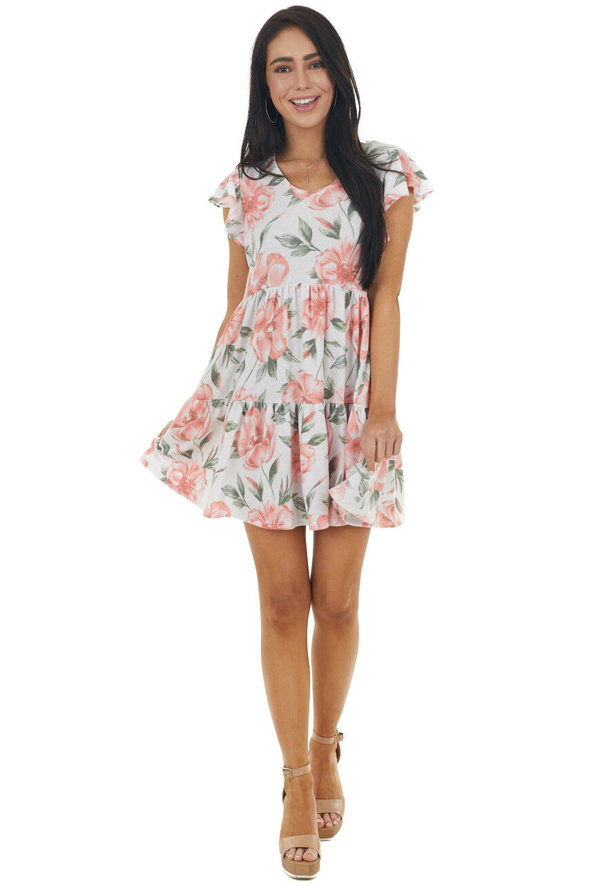 Off White and Punch Floral Print Tiered Ruffle Sleeve Dress