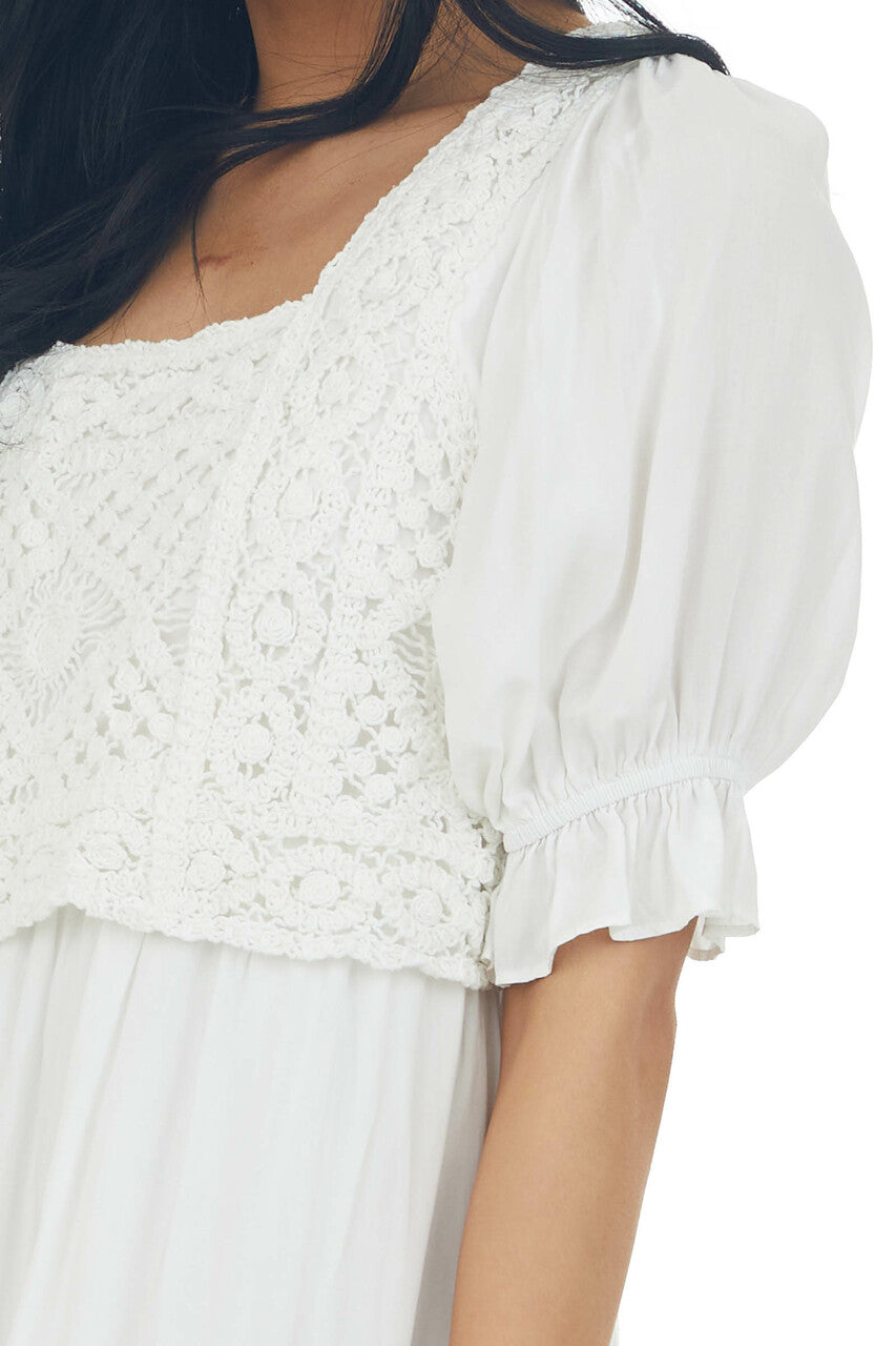 Off White Crochet Bodice Short Sleeve Dress