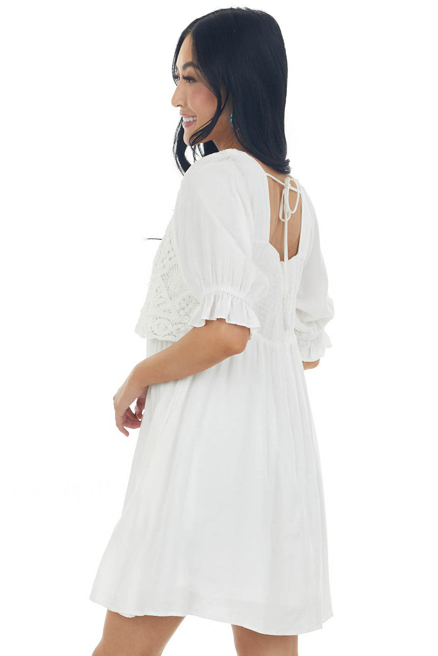 Off White Crochet Bodice Short Sleeve Dress