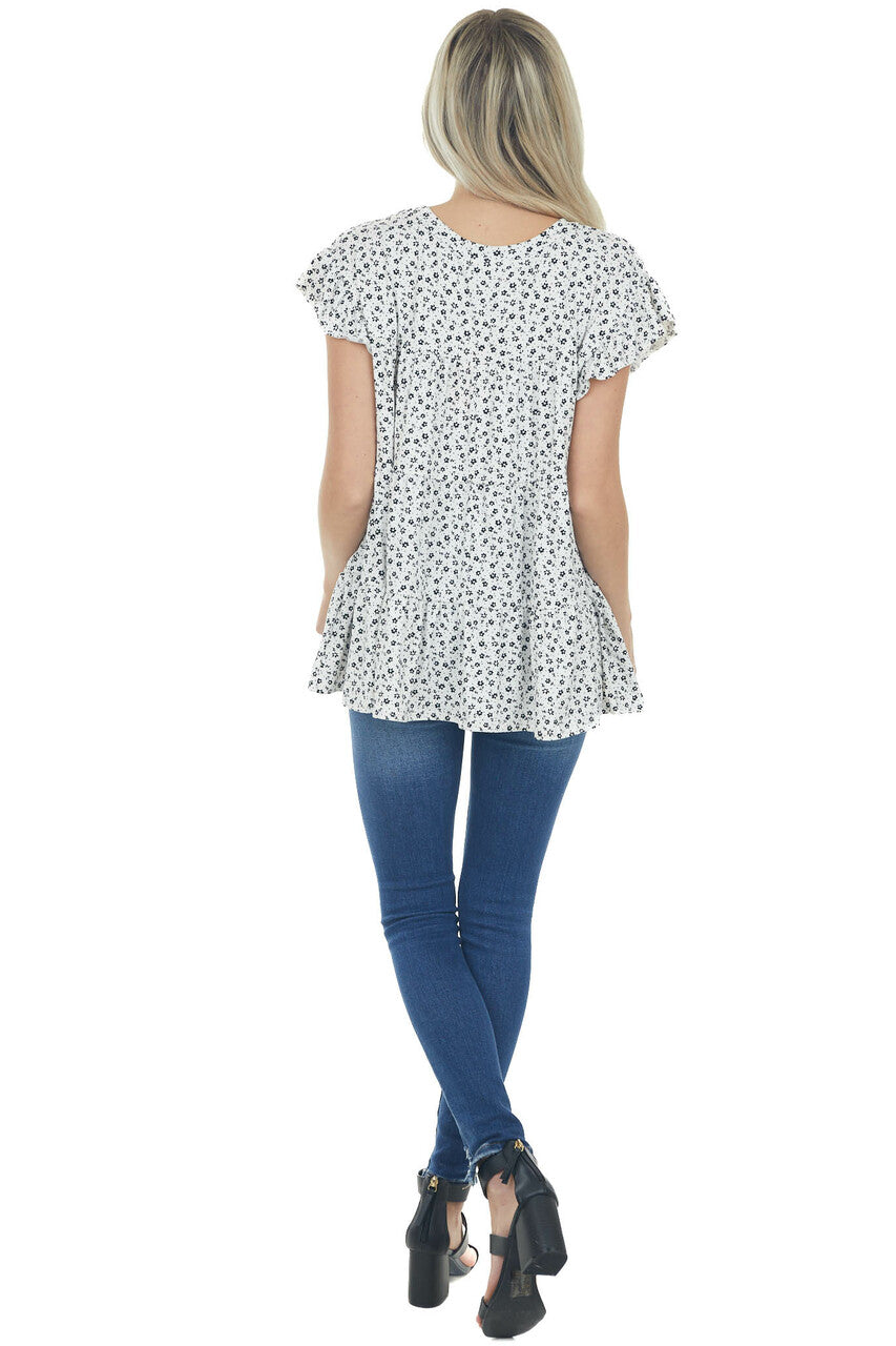 Off White Ditsy Floral Print Short Sleeve Top