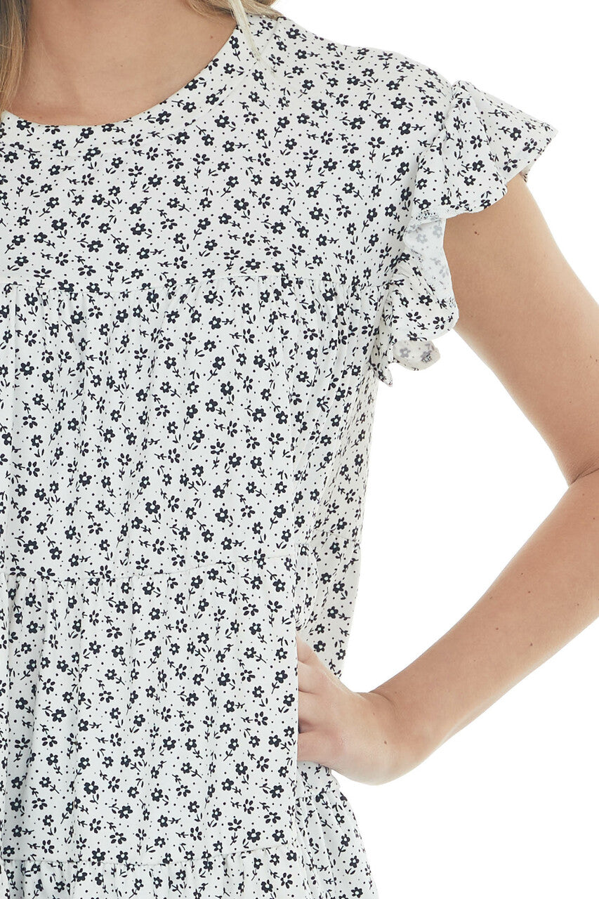 Off White Ditsy Floral Print Short Sleeve Top