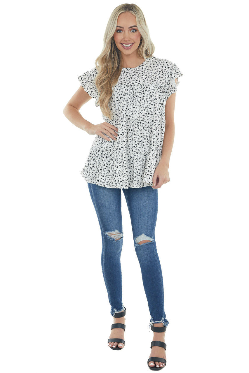 Off White Ditsy Floral Print Short Sleeve Top