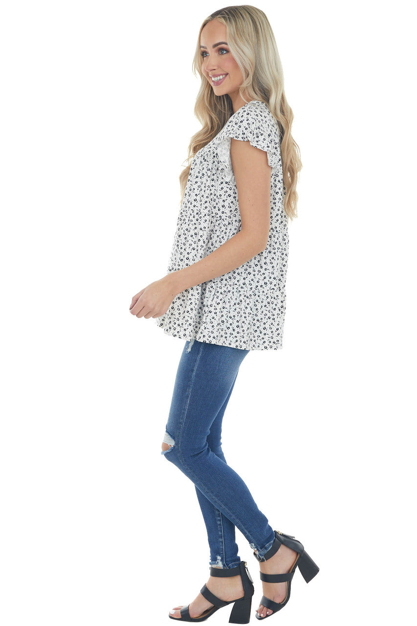 Off White Ditsy Floral Print Short Sleeve Top