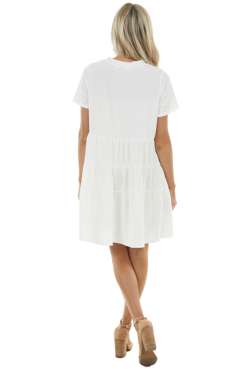 Off White Drop Waist Swiss Dot Knit Dress with Tiered Detail