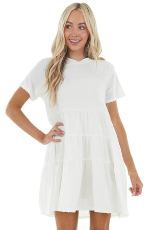 Off White Drop Waist Swiss Dot Knit Dress with Tiered Detail