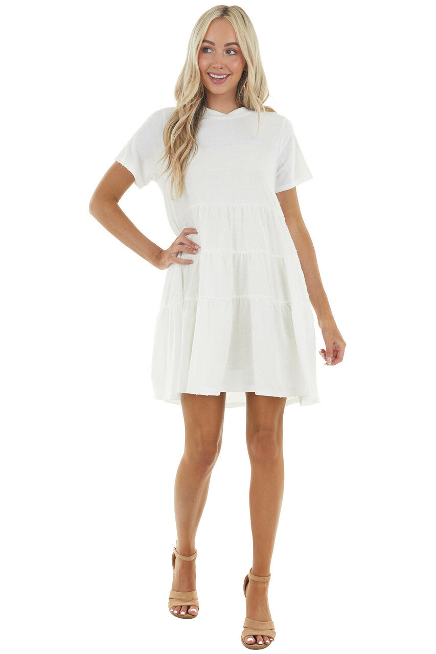 Off White Drop Waist Swiss Dot Knit Dress with Tiered Detail